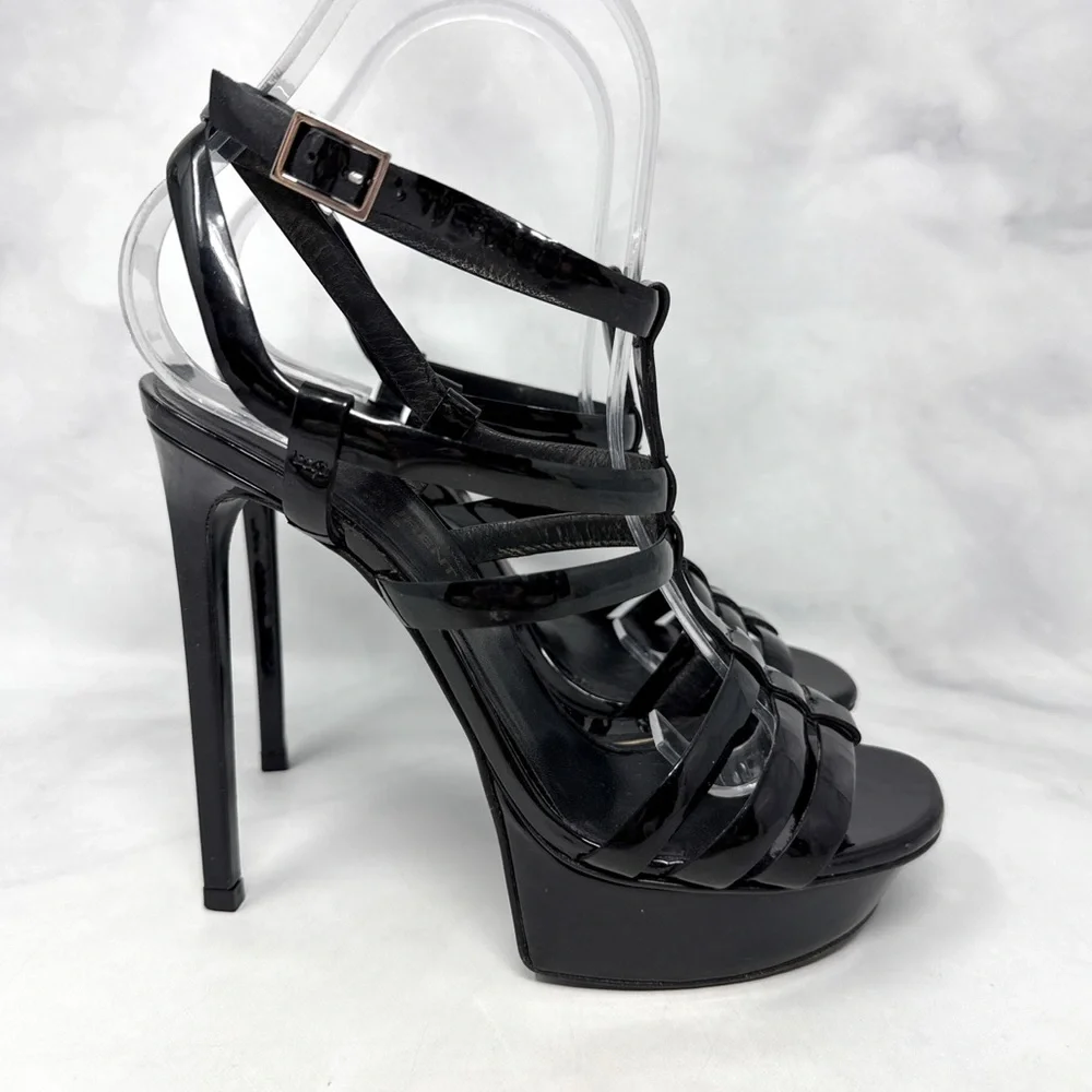 Saint Laurent Bianca 105 Patent Leather Strappy Platform Sandal Heels Black 36.5 - Picture 2 of 16
